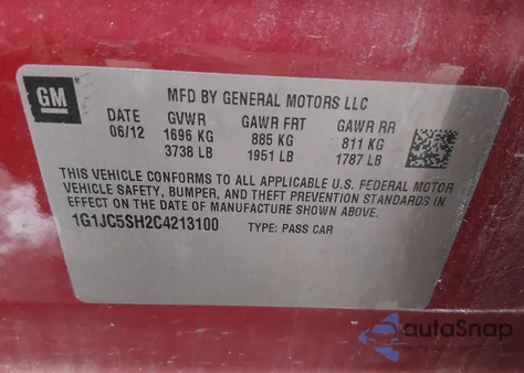 2012 Chevrolet Sonic 2Lt z USA, uszkodzony, nr VIN 1G1JC5SH2C4213100